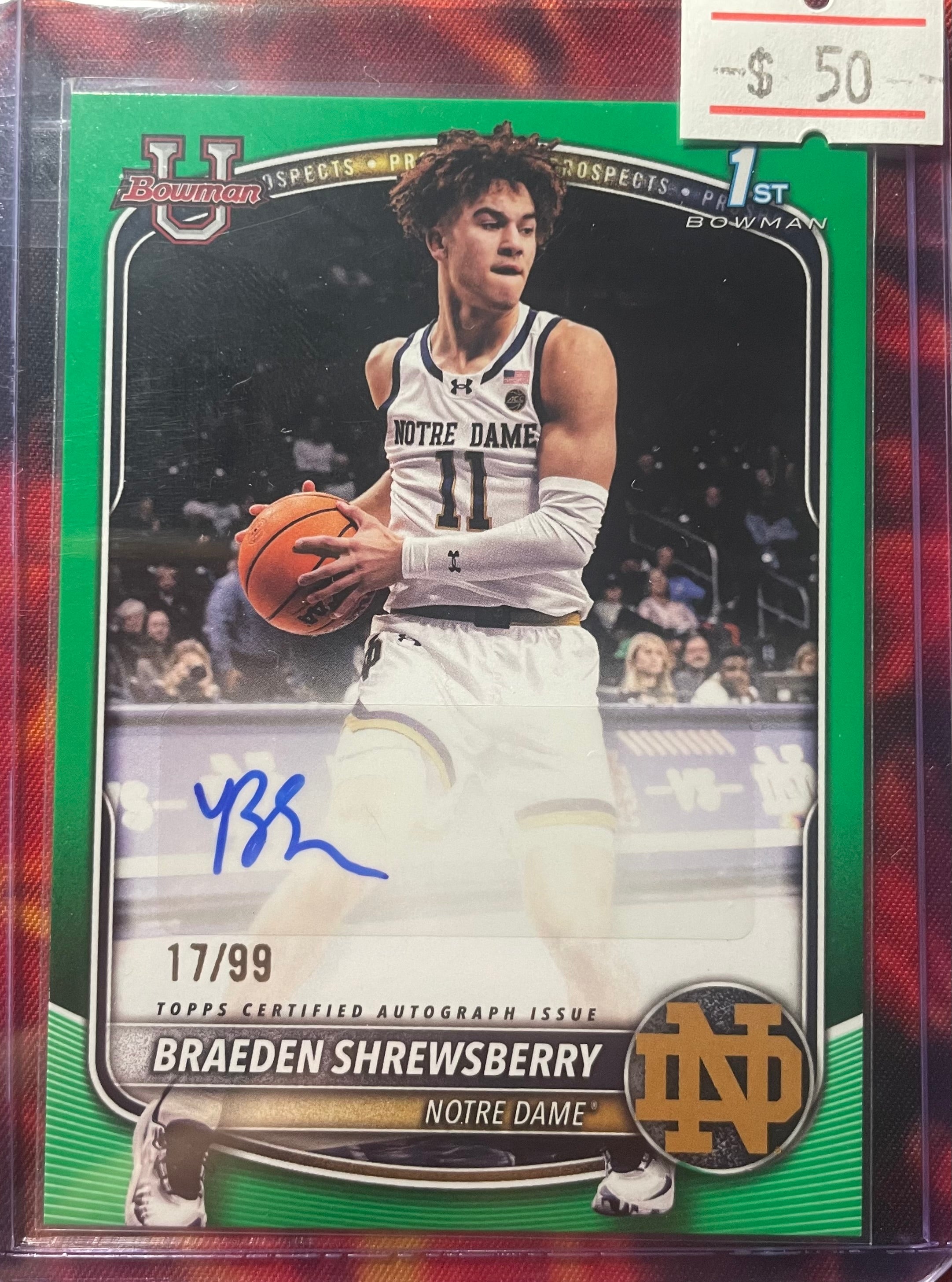 Braeden Shrewsberry Bowman U 25-26 Green Autographs /99 RC Bowman 1st