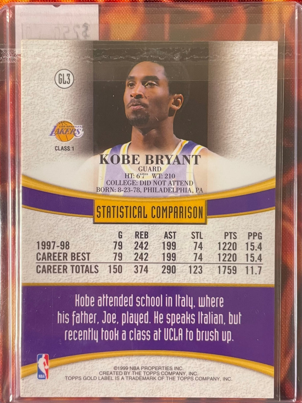 Kobe Bryant Topps Gold Label 98-99 Black Label Class 1