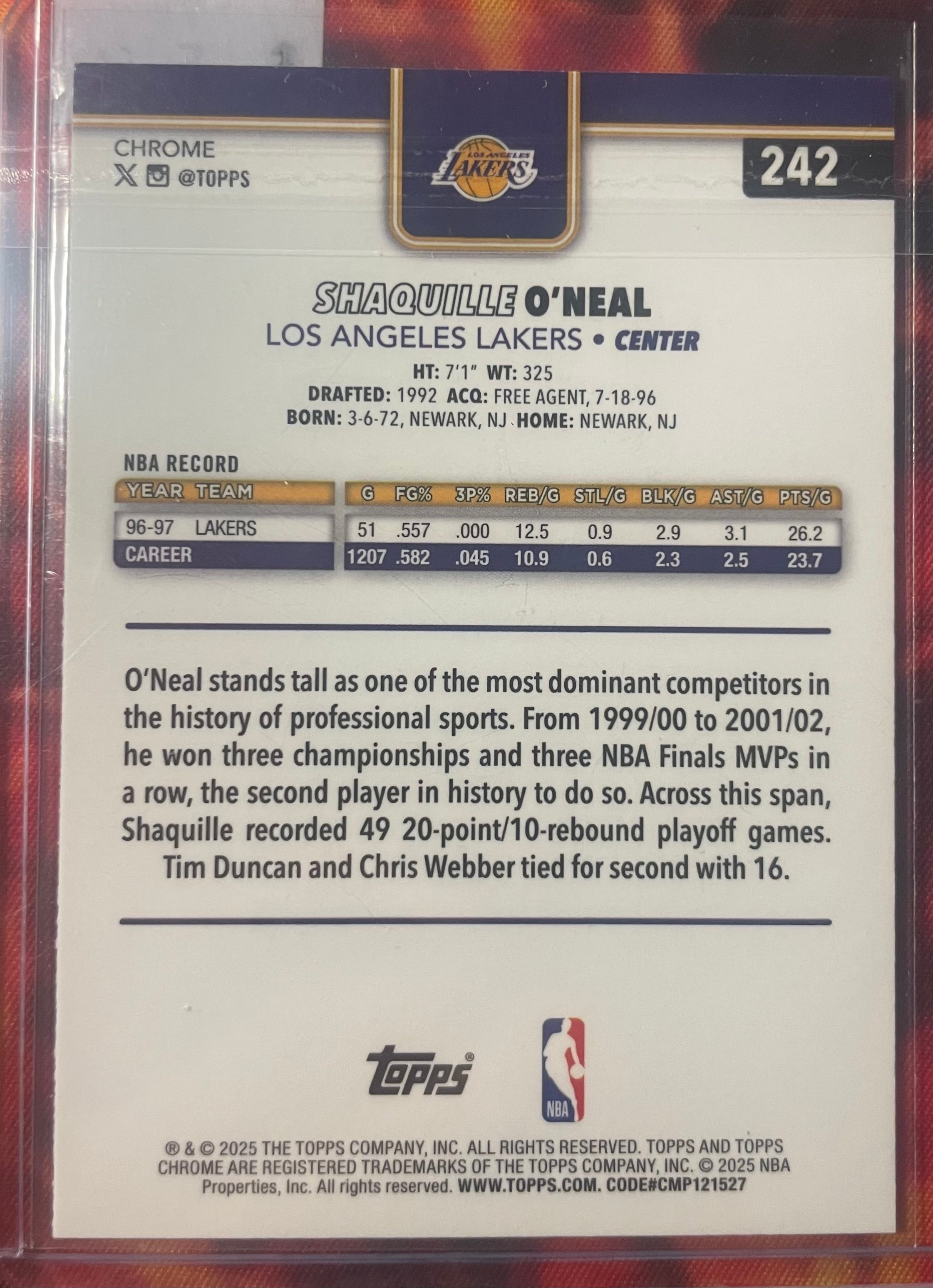 Shaquille O’Neal Topps Chrome 25-26 Basketball Refractor