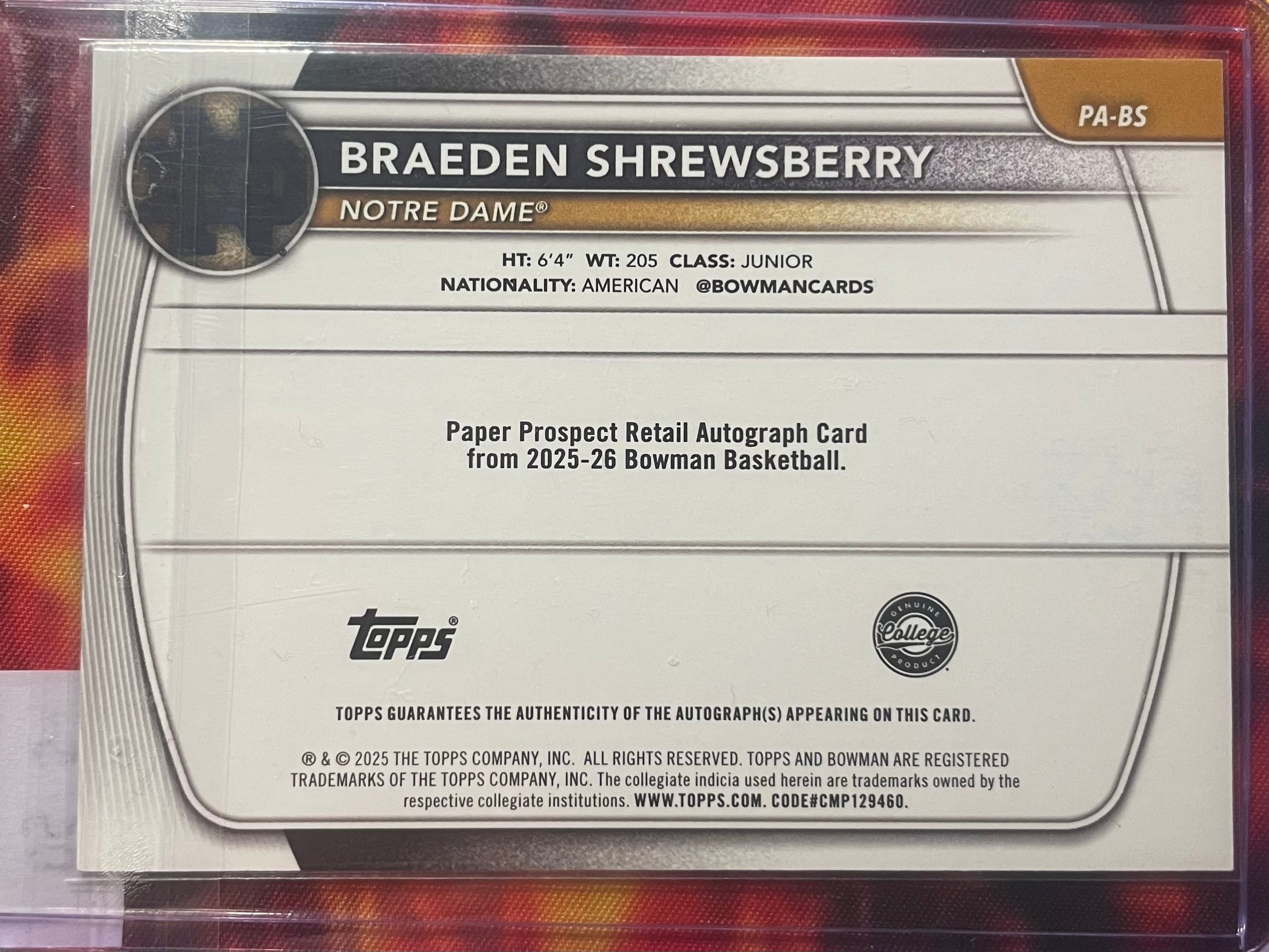 Braeden Shrewsberry Bowman U 25-26 Green Autographs /99 RC Bowman 1st