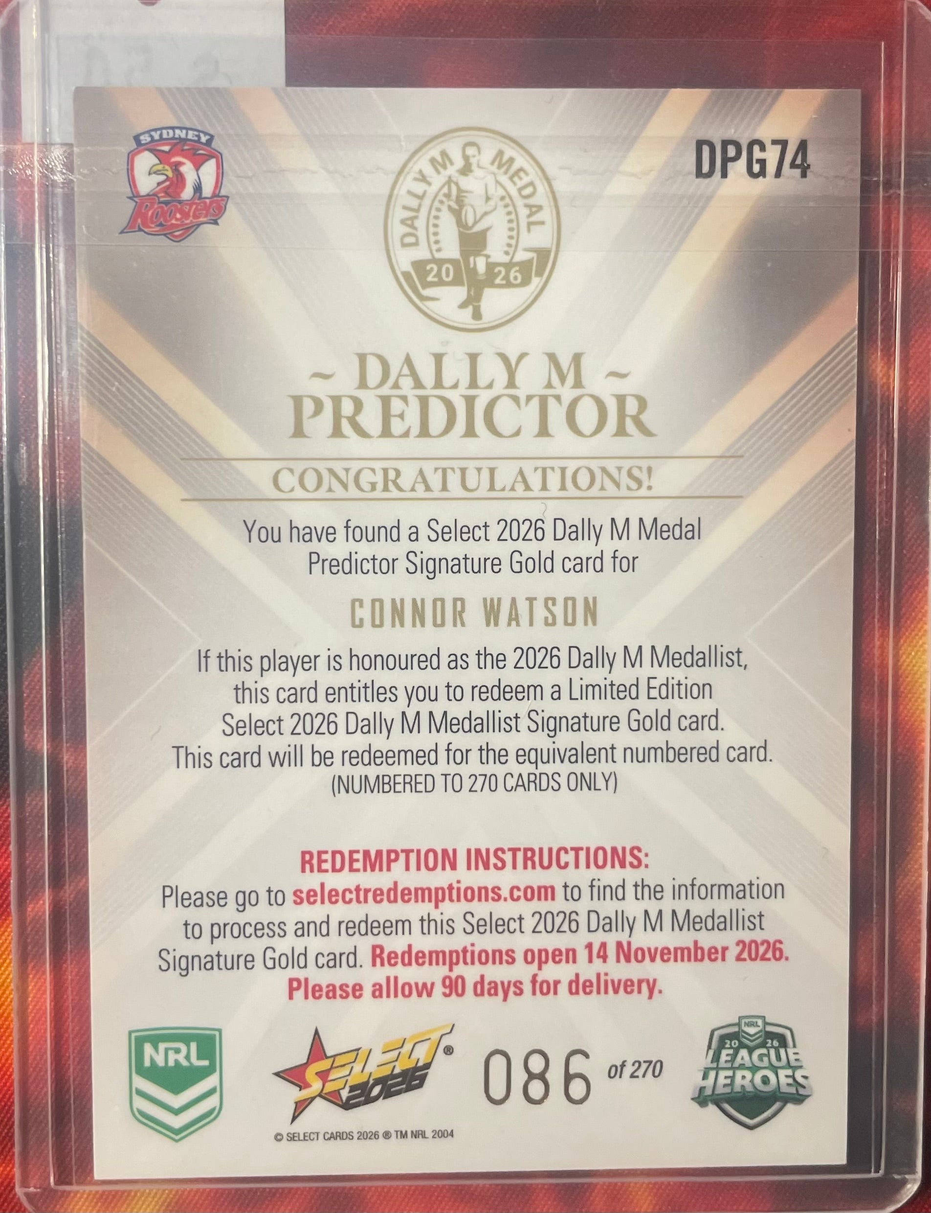 Connor Watson Select NRL 2026 Dally M Predictor 086/270