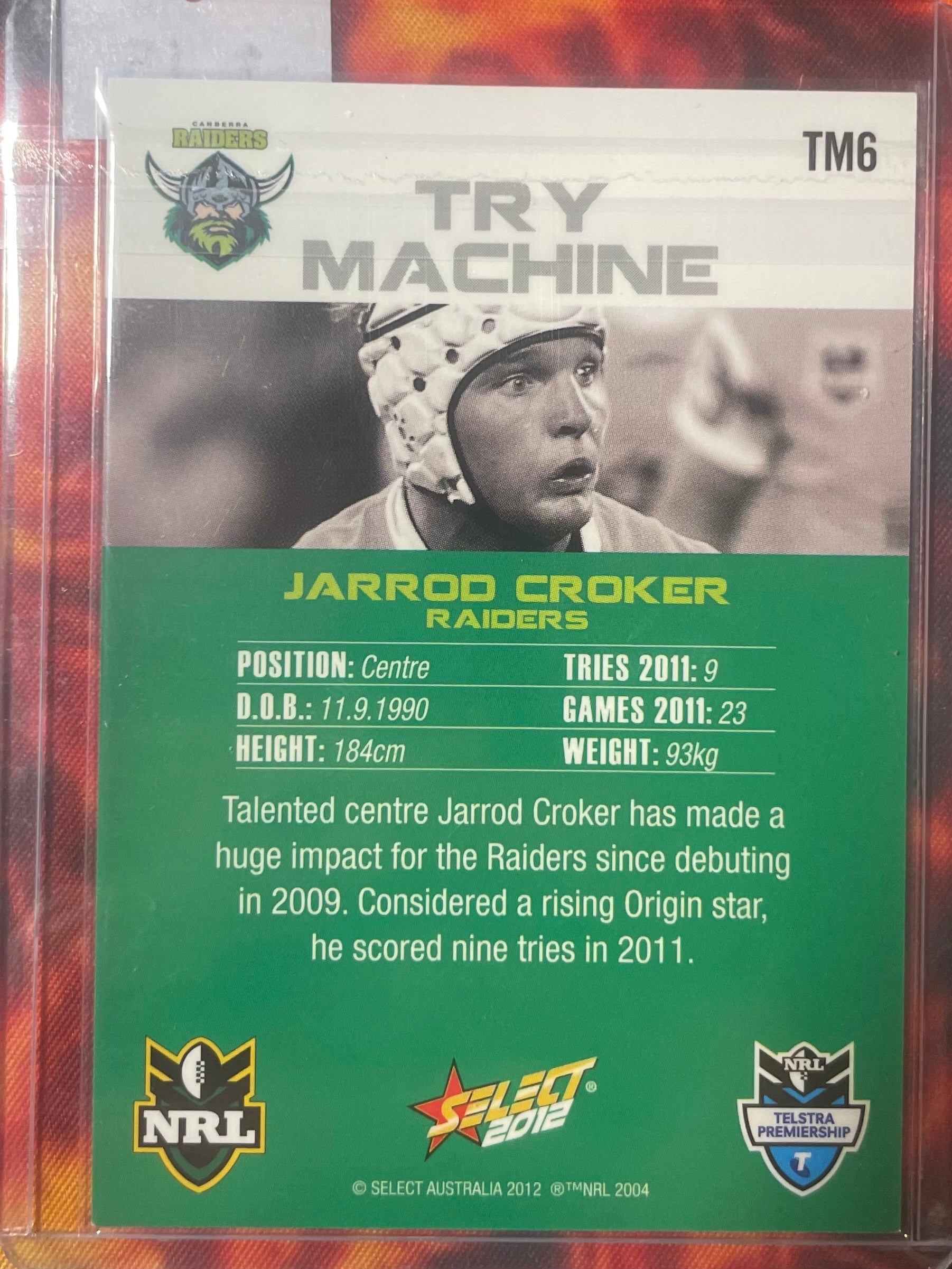 Jarrod Crocker Select NRL 2012 Try Machine In Person Autograph