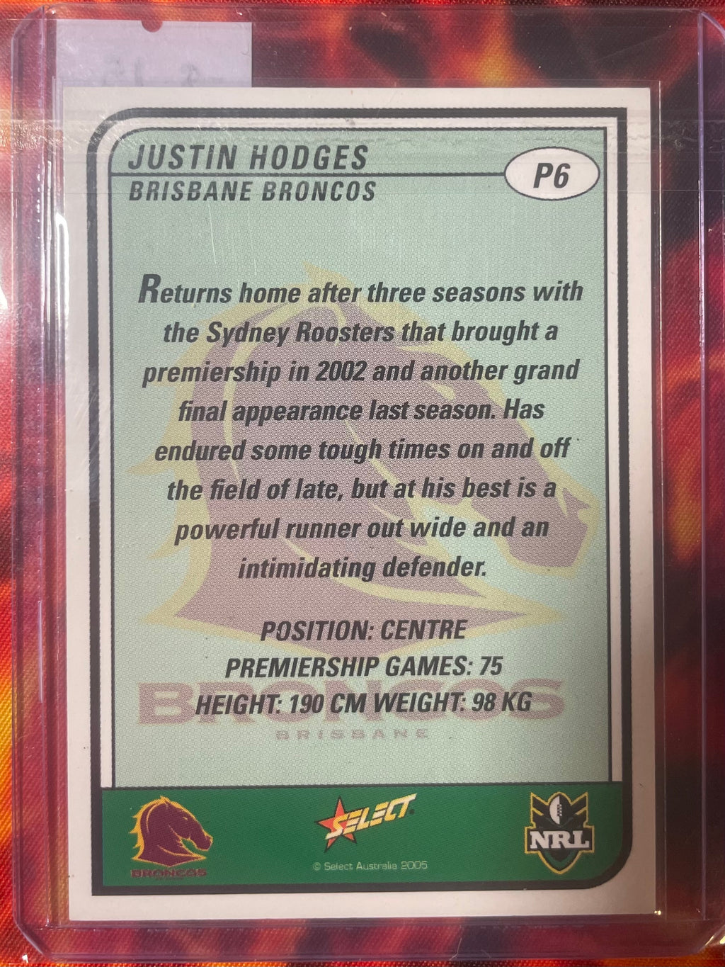 Justin Hodges Select NRL 2005 In Person Autograph