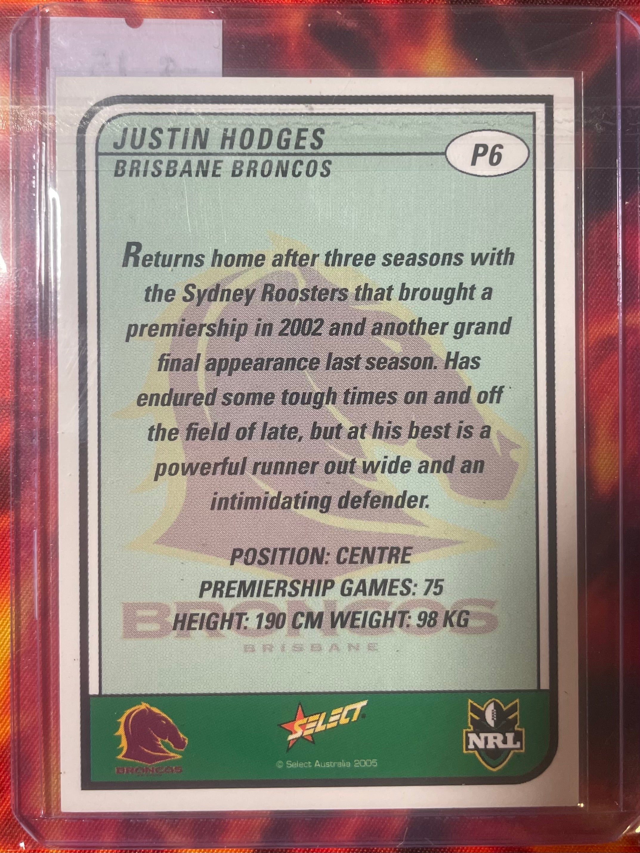 Justin Hodges Select NRL 2005 In Person Autograph