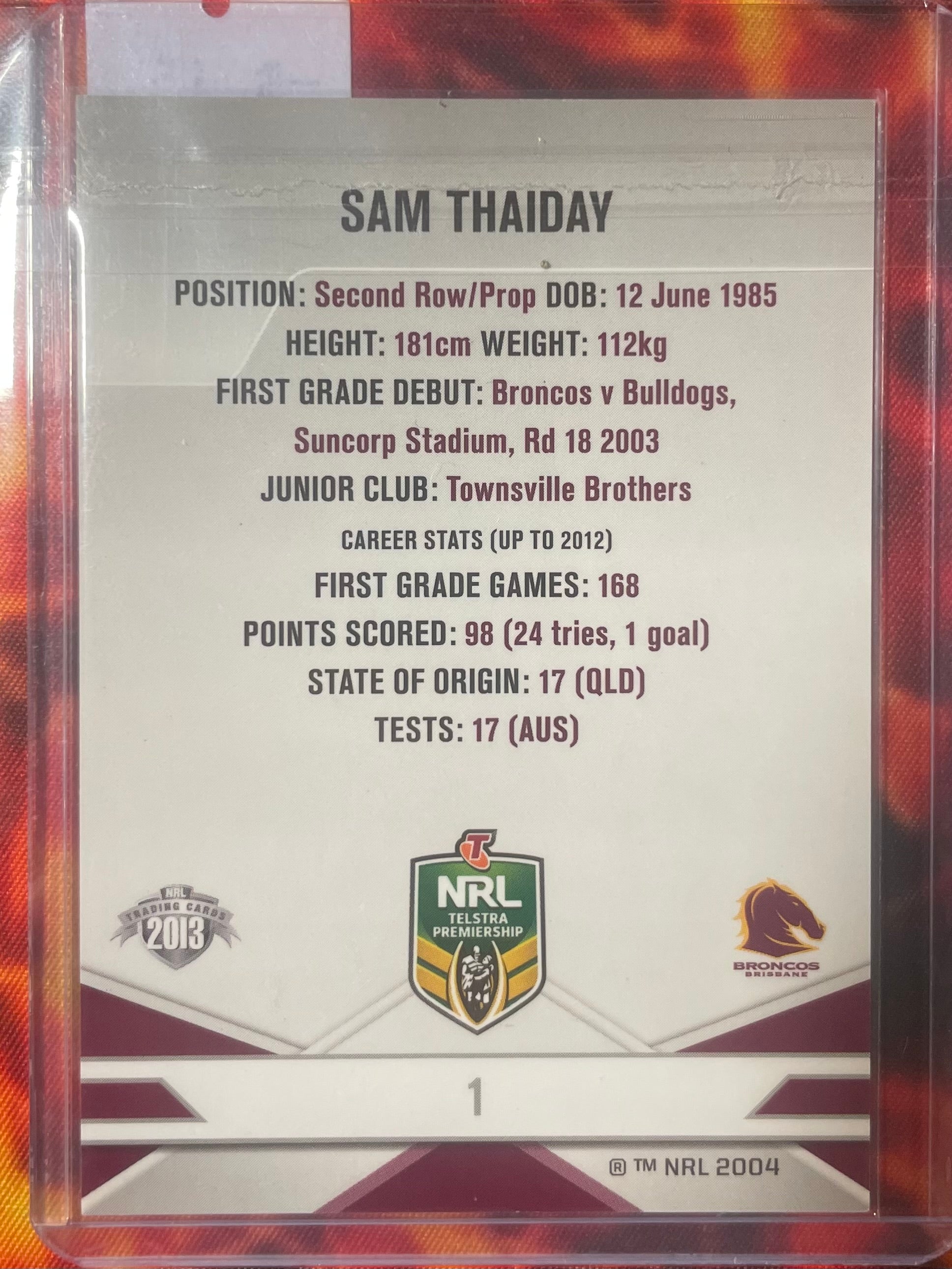 Sam Thaiday Elite NRL 2013 In Person Autograph